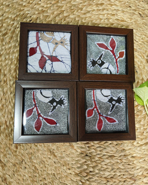 Hand Batik & Kantha Stitch Coasters – Birds & Leaves (Set of 4)