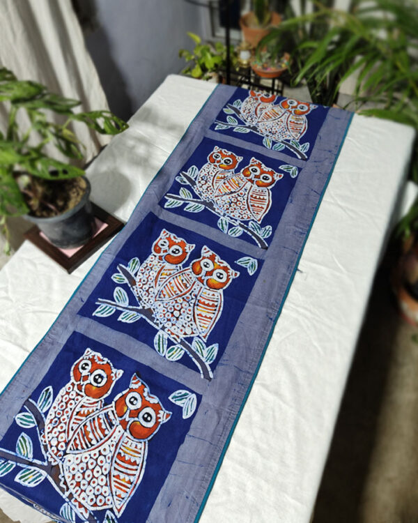 Hand Batik Pure Cotton Table Runner – Owl Duet (Blue)
