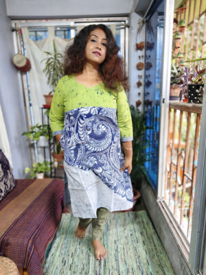 Hand Batik Pure Cotton Kurti – Neon Green & Alpana Design