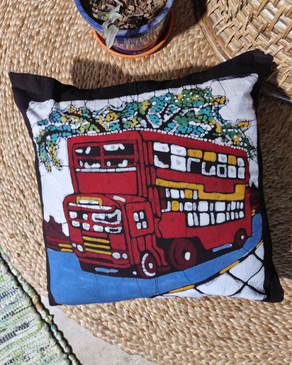 Hand Batik Pure Cotton Cushion Cover – Double Decker Bus, Kolkata Series