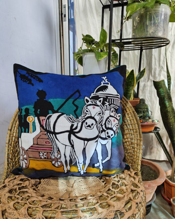 Hand Batik Pure Cotton Cushion Cover – Horse Carriage (Blue), Kolkata Series