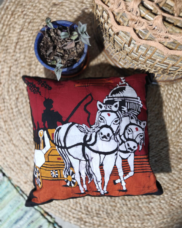 Hand Batik Pure Cotton Cushion Cover – Horse Carriage (Red), Kolkata Series