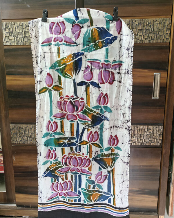 Hand Batik Cotton Scarf – Lotus Garden (White Base)