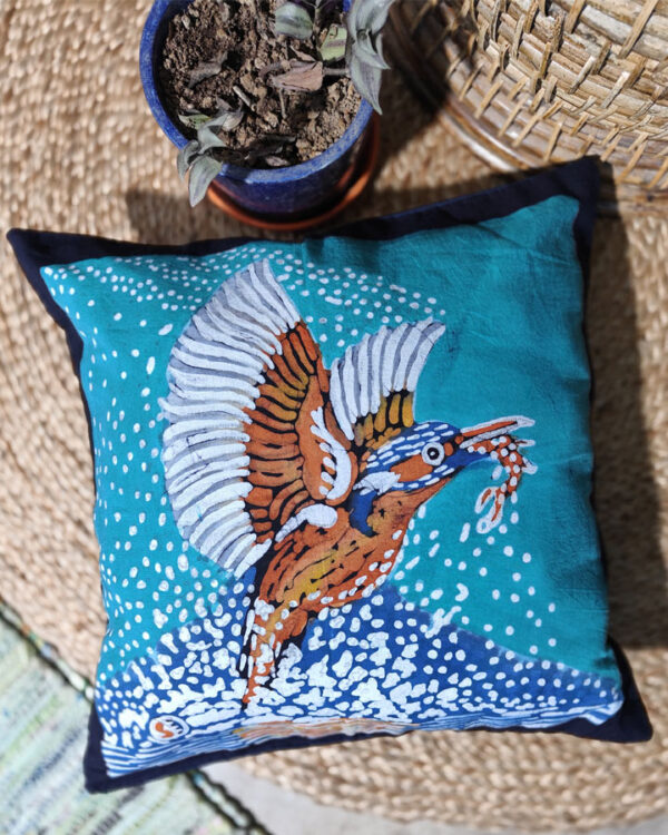 Hand Batik Pure Cotton Cushion Cover – Machhranga (Kingfisher), Bird Series