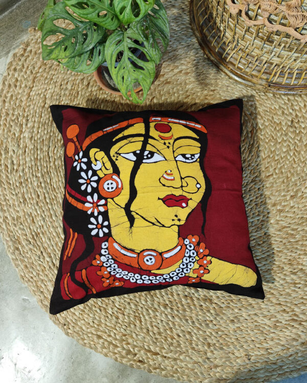 Hand Batik Pure Cotton Cushion Cover – সাঁওতাল মেয়ে - Santal Girl (Yellow Face), Amar Bangla Series