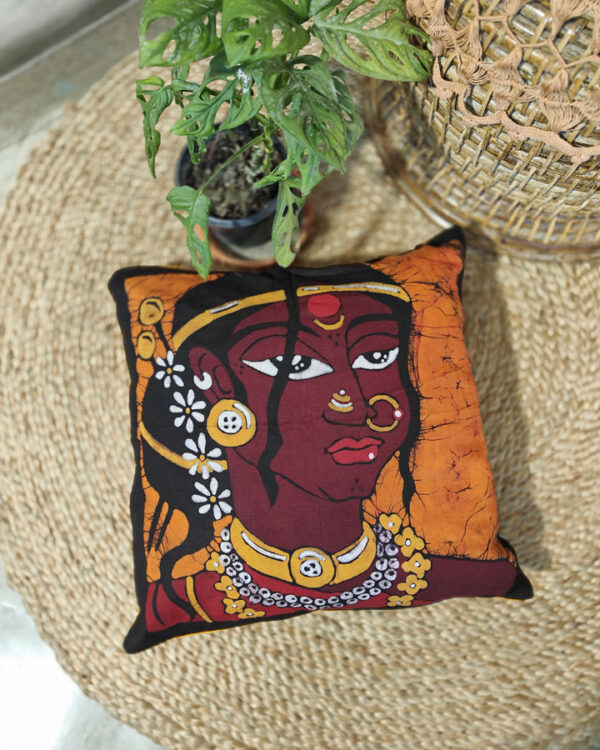 Hand Batik Pure Cotton Cushion Cover – সাঁওতাল মেয়ে - Santal Girl (Brown Face), Amar Bangla Series