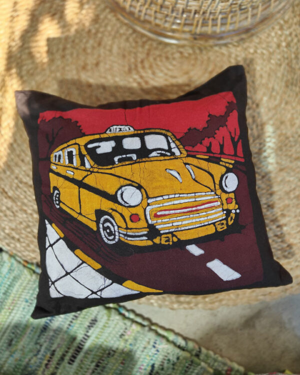 Hand Batik Pure Cotton Cushion Cover – Yellow Taxi, Kolkata Series