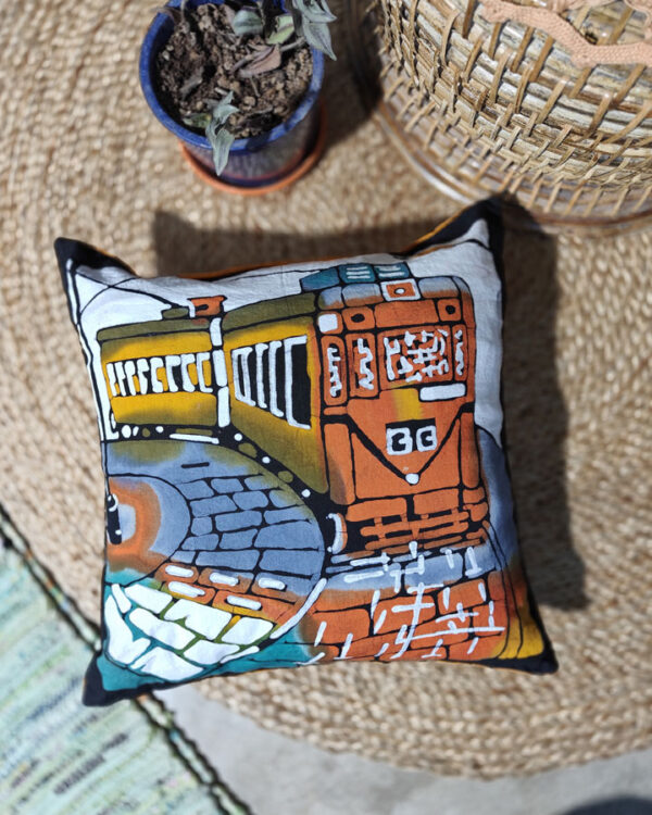 Hand Batik Pure Cotton Cushion Cover – Tram, Kolkata Series
