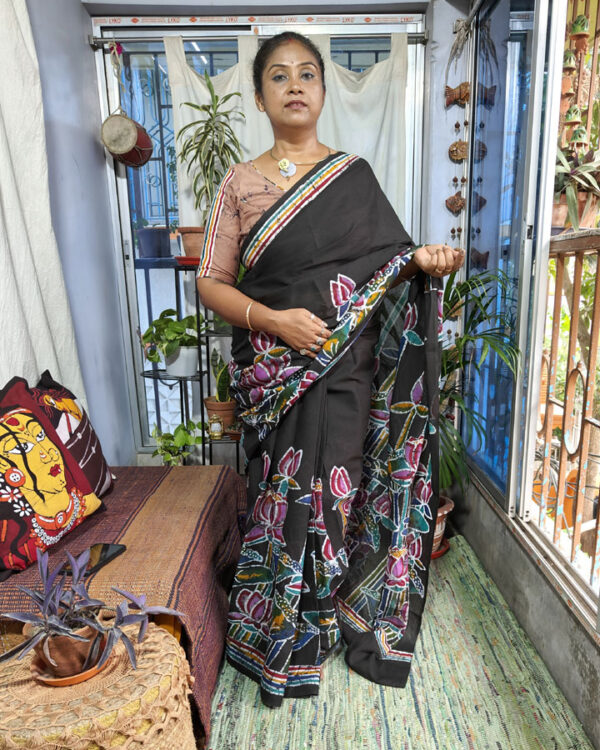 Hand Batik Pure Cotton Saree – Lotus Bloom (Black)