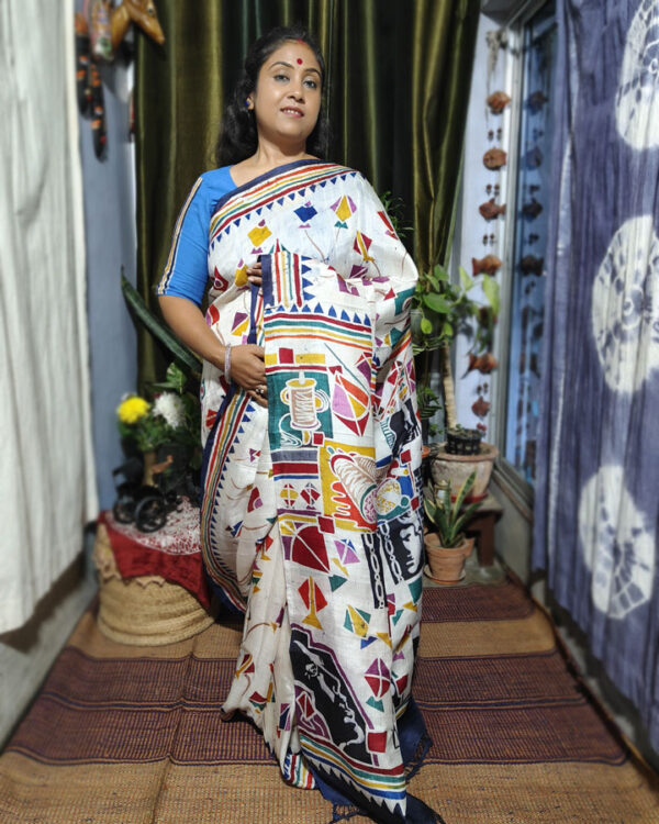 Hand Batik, Hand Woven Silk Saree Chelebela (White)