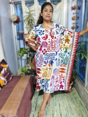 Hand Batik Pure Cotton Kaftan – Reverse Worli (Multi Colour)