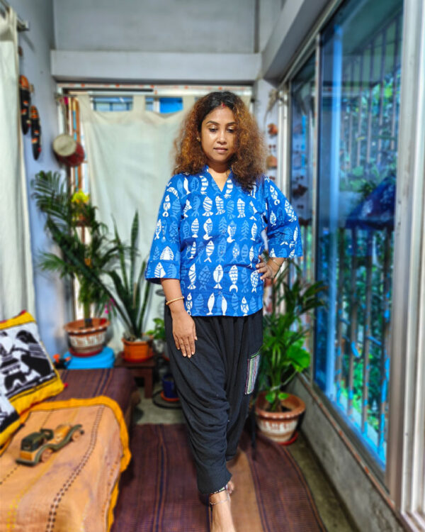 Vibrant Indigo Batik Fish Motif Shirt For Women