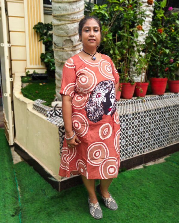 Artisanal Terracotta Hand Batik Portrait Dress